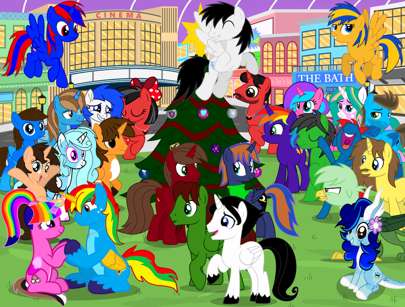 Size: 10500x7963 | Tagged: safe, artist:rogan140, derpibooru import, oc, oc:blue thunder, oc:blueshy, oc:bright star, oc:ej, oc:flare spark, oc:grapefruit face, oc:jc, oc:lionheart, oc:magic dash, oc:rainbow flower, oc:rainbow sparkle, oc:rogan, oc:shane park, oc:sharp stars, oc:shield wing, oc:small brooke, oc:star armour, oc:star heart, oc:stephen (stephen-fisher), oc:swiftgaia, oc:warding moonlight, unofficial characters only, alicorn, gryphon, pegasus, pony, unicorn, g4, alicorn oc, christmas, christmas tree, female, holiday, horn, image, male, merry christmas, png, tree, wings