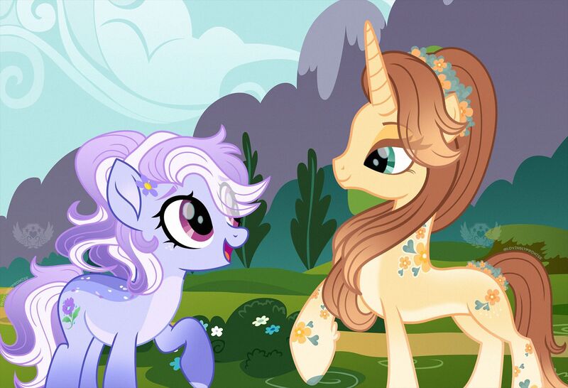 Size: 1958x1336 | Tagged: safe, artist:lovinglypromise, derpibooru import, oc, oc:marigold flair, oc:periwinkle, unofficial characters only, earth pony, pony, unicorn, duo, duo female, female, horn, image, jpeg, mare