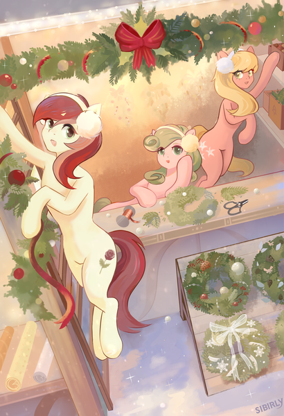 Size: 2624x3840 | Tagged: safe, artist:sibirly, derpibooru import, daisy, flower wishes, lily, lily valley, roseluck, earth pony, pony, bipedal, bipedal leaning, christmas, female, flower trio, hat, hearth's warming, high res, holiday, image, leaning, mare, png, santa hat, stall, wreath