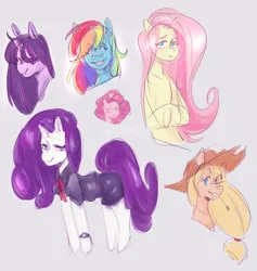 Size: 1107x1170 | Tagged: safe, artist:infinitesimal, derpibooru import, applejack, fluttershy, pinkie pie, rainbow dash, rarity, twilight sparkle, pony, unicorn, g4, clothes, female, grin, horn, image, mane six, mare, png, simple background, smiling