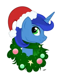 Size: 1670x2096 | Tagged: safe, artist:princessmoonsilver, derpibooru import, oc, oc:emerald, pony, unicorn, bust, christmas, christmas wreath, clothes, hat, holiday, horn, image, male, png, portrait, santa hat, scarf, simple background, solo, stallion, transparent background, wreath