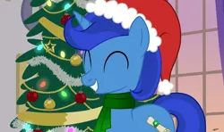 Size: 3500x2065 | Tagged: safe, artist:princessmoonsilver, derpibooru import, oc, oc:emerald, pony, unicorn, christmas, christmas tree, clothes, eyes closed, hat, holiday, horn, image, jpeg, male, santa hat, scarf, simple background, smiling, solo, stallion, tree