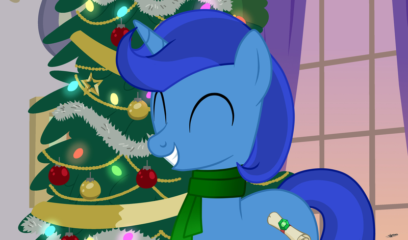 Size: 3500x2065 | Tagged: safe, alternate version, artist:princessmoonsilver, derpibooru import, oc, oc:emerald, pony, unicorn, christmas, christmas tree, clothes, eyes closed, holiday, horn, image, jpeg, male, scarf, simple background, smiling, solo, stallion, tree