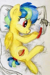 Size: 1000x1490 | Tagged: safe, artist:chevaleto, derpibooru import, oc, oc:apogee, oc:houston, unofficial characters only, mouse, pegasus, pony, rat, bed, body freckles, colored pencil drawing, derpibooru exclusive, eye clipping through hair, female, filly, foal, freckles, game console, image, jpeg, lying down, nintendo ds, pillow, playing video games, side, traditional art