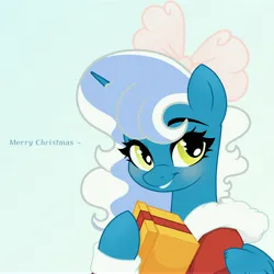 Size: 6890x6890 | Tagged: safe, artist:riofluttershy, derpibooru import, oc, oc:fleurbelle, unofficial characters only, alicorn, pony, alicorn oc, blushing, bow, clothes, coat, female, gradient background, hair bow, hearth's warming, horn, image, jpeg, looking at you, mare, pink bow, present, smiling, solo, text, two toned hair, two toned mane, wingding eyes, wings, yellow eyes