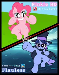 Size: 1616x2048 | Tagged: safe, artist:hijo_deput, derpibooru import, pinkie pie, oc, oc:flawless sparklemoon, earth pony, pony, unicorn, smile hd, g4, cape, clothes, duo, duo female, female, fight, fusion, fusion:trixie, fusion:twilight sparkle, fusion:twixie, hat, horn, image, jpeg, mare, misspelling, this will end in death, top hat