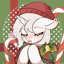 Size: 2000x2000 | Tagged: safe, artist:桑椹丽丽, derpibooru import, oc, oc:零洛, unofficial characters only, pony, unicorn, bell, blush lines, blushing, candy, candy cane, eyes closed, female, food, horn, image, mare, open mouth, png