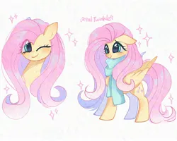 Size: 2048x1638 | Tagged: safe, artist:petaltwinkle, derpibooru import, fluttershy, pegasus, pony, g4, 2024, clothes, cute, digital art, eye clipping through hair, female, folded wings, image, jpeg, long hair, looking at you, mare, my little pony, one eye closed, scarf, shyabetes, signature, simple background, smiling, solo, sparkles, white background, wings, wink, winking at you