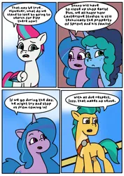 Size: 1131x1600 | Tagged: safe, artist:delilah1_riley, derpibooru import, hitch trailblazer, izzy moonbow, zipp storm, earth pony, pegasus, pony, unicorn, comic:pipp the poltergeist, fanfic:pipp the poltergeist, g5, my little pony: tell your tale, comic, commission, dialogue, fanfic art, female, horn, image, implied sprout cloverleaf, jpeg, male, mare, misty brightdawn, outdoors, stallion