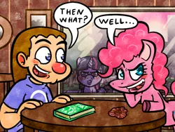 Size: 640x480 | Tagged: safe, artist:elerq, derpibooru import, pinkie pie, twilight sparkle, earth pony, human, pony, unicorn, g4, 2012, book, clothes, conversation, dialogue, female, hooves, human male, image, indoors, jealous, jpeg, light skin, male, mare, open mouth, open smile, red nosed, shirt, signature, smiling, speech bubble, table, tail, unicorn twilight, watching, window, wrapper