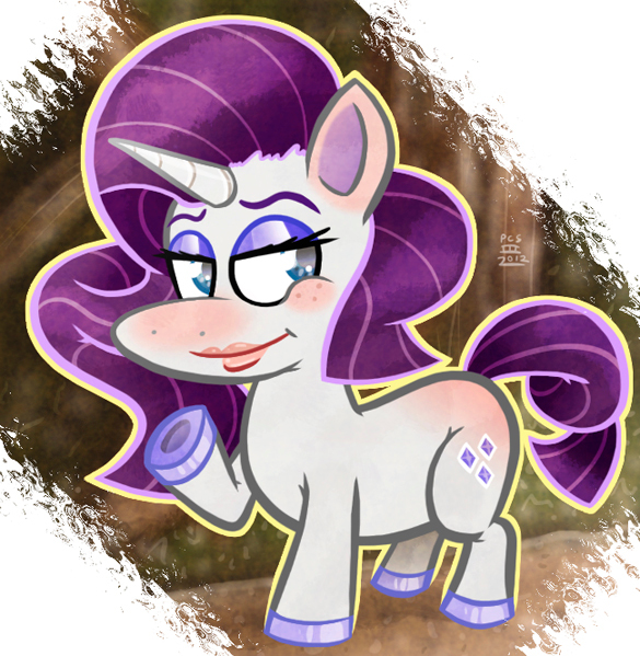 Size: 585x599 | Tagged: dead source, safe, artist:elerq, derpibooru import, rarity, pony, unicorn, g4, 2012, blushing, butt blush, ear blush, female, hooves, horn, human lips, image, jpeg, lidded eyes, mare, raised hoof, signature, smiling, solo, tail, underhoof