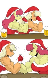 Size: 3003x4819 | Tagged: safe, artist:matchstickman, derpibooru import, apple bloom, applejack, anthro, earth pony, pony, g4, apple brawn, apple sisters, applejacked, arm wrestling, bicep flex, biceps, breasts, busty apple bloom, busty applejack, christmas, cider, clothes, costume, deltoids, drunk, duo, female, flexing, hat, high res, holiday, image, looking at you, mare, matchstickman's apple brawn series, muscles, muscular female, older, older apple bloom, pecs, png, santa costume, santa hat, siblings, simple background, sisters, table, white background