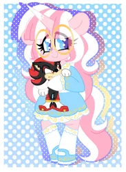 Size: 1462x2000 | Tagged: safe, artist:ladylullabystar, derpibooru import, oc, oc:lady lullaby star, semi-anthro, unicorn, clothes, dress, female, horn, image, mary janes, pink hair, plushie, png, shadow the hedgehog, shoes, simple background, solo, solo female, sonic the hedgehog (series)