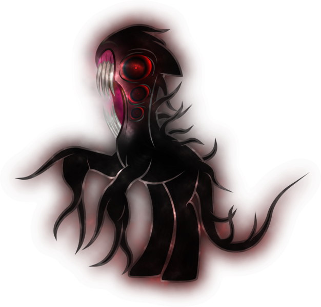 Size: 1743x1670 | Tagged: semi-grimdark, artist:emkay-mlp, derpibooru import, oc, unofficial characters only, demon, demon pony, monster pony, original species, body horror, eldritch abomination, image, nightmare fuel, png, rearing, red and black oc, sharp teeth, simple background, solo, teeth, tentacles, transparent background