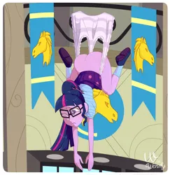 Size: 749x770 | Tagged: suggestive, artist:wofwendy, derpibooru import, sci-twi, twilight sparkle, human, equestria girls, g4, ass, butt, canterlot high, embarrassed, fetish, hanging, hanging upside down, image, jpeg, sci-twibutt, upside down, wedgie, wedgie fetish