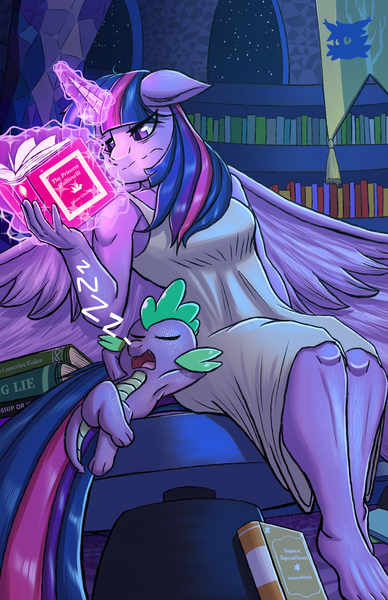 Size: 2062x3186 | Tagged: safe, artist:kaijucon, derpibooru import, spike, twilight sparkle, twilight sparkle (alicorn), alicorn, anthro, dragon, plantigrade anthro, pony, g4, arm behind head, armpits, book, breasts, busty twilight sparkle, clothes, dress, duo, duo male and female, female, floppy ears, frown, glow, glowing horn, high res, horn, image, library, magic, magic aura, male, mare, png, reading, sleeping