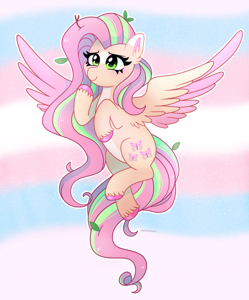 Size: 2320x2797 | Tagged: safe, artist:emera33, derpibooru import, fluttershy, pegasus, pony, g4, alternate design, alternate eye color, alternate mane color, alternate tail color, colored wings, colored wingtips, cute, female, high res, image, leaves, leaves in hair, mare, png, pride, pride flag, shyabetes, smiling, solo, spread wings, trans female, trans fluttershy, transgender, transgender pride flag, twitterina design, unshorn fetlocks, wings, wrong eye color