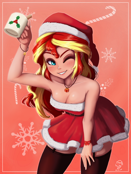 Size: 754x1000 | Tagged: safe, artist:the-park, derpibooru import, sunset shimmer, human, equestria girls, g4, breasts, busty sunset shimmer, cheers, christmas, christmas 2024, cleavage, clothes, costume, cup, female, grin, hat, holiday, human coloration, image, looking at you, one eye closed, png, santa costume, santa hat, sexy, sexy santa costume, smiling, solo, strapless, wink, winking at you, zettai ryouiki