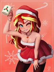 Size: 754x1000 | Tagged: safe, artist:the-park, derpibooru import, sunset shimmer, human, equestria girls, g4, breasts, busty sunset shimmer, cheers, christmas, christmas 2024, cleavage, clothes, costume, cup, female, grin, hat, holiday, human coloration, image, looking at you, one eye closed, png, santa costume, santa hat, sexy, sexy santa costume, smiling, solo, strapless, wink, winking at you, zettai ryouiki