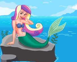 Size: 925x739 | Tagged: safe, artist:ocean lover, derpibooru import, princess cadance, human, mermaid, g4, bare shoulders, beautiful, beautiful hair, belly, belly button, boulder, bra, clothes, cloud, crossover, cute, cutedance, disney, disney princess, disney style, female, fins, fish tail, happy, humanized, image, land, lips, long hair, looking at something, mermaid princess, mermaid tail, mermaidized, midriff, ms paint, multicolored hair, ocean, outdoors, png, pose, pretty, princess ariel, purple eyes, seashell, seashell bra, sitting, sky, smiling, solo, solo female, sparkles, sparkly hair, species swap, tail, tail fin, the little mermaid, underwear, water, wave