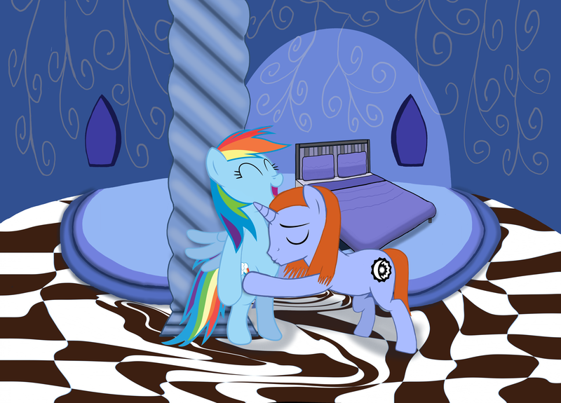 Size: 6485x4663 | Tagged: safe, artist:sonicfx07, derpibooru import, rainbow dash, oc, oc:star crest, pegasus, pony, unicorn, g4, bed, bedroom, belly, belly button, bipedal, canon x oc, checkered, cloudsdale, duo, duo male and female, female, floor, horn, image, kissing, male, mare, pillar, png, stallion, straight, surreal, wings