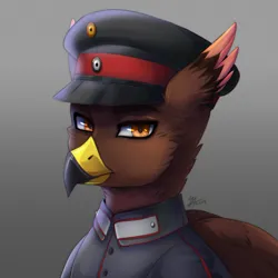 Size: 1300x1300 | Tagged: safe, artist:serodart, derpibooru import, oc, gryphon, equestria at war mod, bust, clothes, commission, gradient background, griffon oc, image, looking at you, military, military uniform, png, portrait, solo, uniform