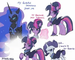 Size: 2048x1638 | Tagged: safe, artist:petaltwinkle, derpibooru import, nightmare moon, rarity, twilight sparkle, alicorn, pony, unicorn, g4, ..., alternate cutie mark, alternate hairstyle, alternate timeline, female, image, jpeg, magic, mare, night maid rarity, nightmare takeover timeline, paper, rarity is not amused, secretary, telekinesis, unamused, unicorn twilight