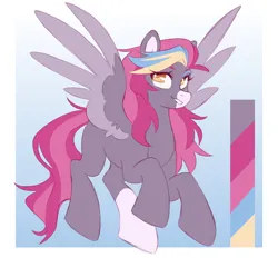 Size: 2048x1898 | Tagged: safe, artist:cheekipone, ponerpics import, oc, unofficial characters only, pegasus, pony, color palette, eyebrows, facial markings, female, image, mare, orange eyes, passepartout, pegasus oc, png, reference sheet, snip (coat marking), socks (coat marking), solo, spread wings, two toned tail, two toned wings, unshorn fetlocks, wings