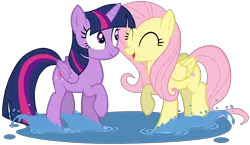 Size: 3903x2256 | Tagged: safe, artist:zslnews, derpibooru import, fluttershy, twilight sparkle, twilight sparkle (alicorn), alicorn, pegasus, pony, g4, ^^, cute, duo, duo female, eyes closed, female, image, looking at each other, looking at someone, mare, open mouth, png, puddle, shyabetes, simple background, splash, splashing, transparent background, twiabetes, vector