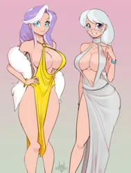 Size: 1671x2206 | Tagged: suggestive, artist:scorpdk, derpibooru import, diamond tiara, silver spoon, human, g4, absolute cleavage, adult, belly, belly button, big breasts, braless, breasts, busty diamond tiara, busty silver spoon, cleavage, clothes, dress, duo, duo female, elegant, eye clipping through hair, eyebrows, eyebrows visible through hair, female, glasses, gradient background, huge breasts, humanized, image, jpeg, leash, lipstick, older, older diamond tiara, older silver spoon, open mouth, open smile, side slit, smiling, tan lines