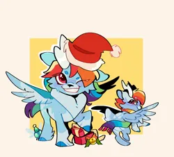 Size: 1224x1106 | Tagged: safe, artist:rr29578979, derpibooru import, rainbow dash, deer, deer pony, original species, parasprite, peryton, reindeer, g4, bell, blushing, christmas, clothes, female, hat, holiday, image, one eye closed, png, present, santa hat, scarf, smiling, solo, spread wings, wings, wink