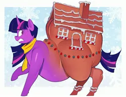 Size: 2928x2272 | Tagged: suggestive, artist:emma noorman, artist:secretgoombaman12345, derpibooru import, twilight sparkle, ponified, food pony, original species, pony, unicorn, g4, butt, buttcrack, candy, candy cane, chimney, christmas, clothes, eyelashes, fat, female, food, food transformation, frosting, gingerbread (food), gingerbread house, holiday, hooves, horn, house, huge butt, image, impossibly large butt, inanimate transformation, jpeg, large butt, looking back, passepartout, raised hoof, scarf, shocked, shocked expression, side view, snow, snowfall, solo, spell gone wrong, sweat, sweatdrop, tail, thighs, thunder thighs, transformation, twibutt, twilard sparkle, unicorn twilight