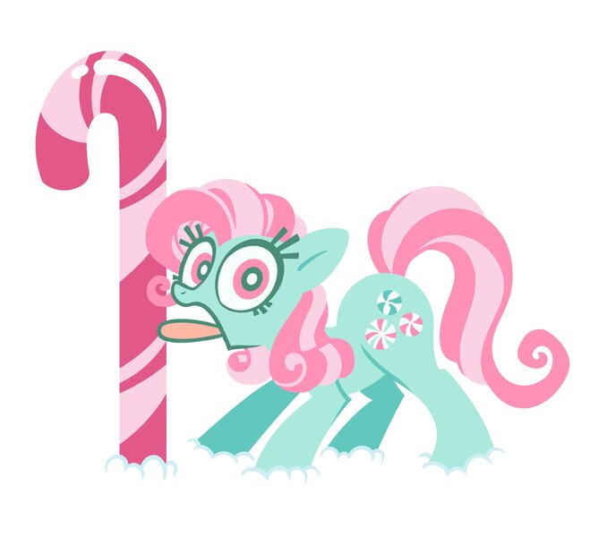 Size: 2048x1866 | Tagged: safe, artist:kyrakupetsky, derpibooru import, minty, earth pony, pony, g3, 8 foot candy cane, candy, candy cane, female, food, image, jpeg, looking at you, mare, open mouth, simple background, solo, tongue out, tongue stuck, tongue stuck to pole, white background