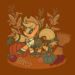 Size: 2041x2048 | Tagged: safe, artist:kyrakupetsky, derpibooru import, applejack, earth pony, pony, g4, apple, autumn, brown background, clothes, corn, cutie mark, cutie mark on clothes, female, food, grapes, grin, image, jpeg, looking at you, mare, overalls, pumpkin, shoes, simple background, smiling, smiling at you, solo, standing on two hooves, wheat