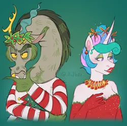 Size: 1974x1950 | Tagged: safe, artist:_oodlezz_, derpibooru import, discord, princess celestia, anthro, g4, christmas, christmas tree, clothes, dislestia, dress, duo, duo male and female, ear piercing, earring, eyeshadow, female, green background, green hair, hand on chin, hearth's warming, holiday, how the grinch stole christmas, image, jewelry, jpeg, lip gloss, lipstick, makeup, male, necklace, piercing, purple eyes, red dress, red lipstick, shipping, simple background, snaggletooth, straight, sweater, the grinch, tree, watermark, yellow eyes