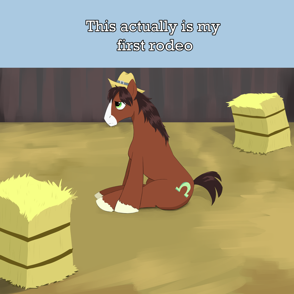 Size: 2000x2000 | Tagged: safe, artist:lillslim, derpibooru import, trouble shoes, ponified, earth pony, pony, g4, cowboy hat, drawthread, fence, frown, hat, hay bale, image, male, png, requested art, rodeo, short tail, sitting, stallion, tail, text