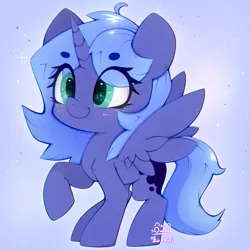 Size: 3000x3000 | Tagged: safe, artist:zokkili, derpibooru import, princess luna, alicorn, pony, g4, beanbrows, eye clipping through hair, eyebrows, eyebrows visible through hair, female, filly, filly luna, high res, horn, image, jpeg, raised hoof, smiling, solo, spread wings, wings, woona, younger