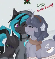 Size: 1939x2048 | Tagged: safe, derpibooru import, oc, oc:record stereo, oc:somnia, unofficial characters only, bat pony, unicorn, bat pony oc, bat wings, beanie, clothes, hat, headband, hearth's warming, holly, holly mistaken for mistletoe, horn, image, jpeg, oc x oc, scarf, shipping, shirt, socks, unicorn oc, wings