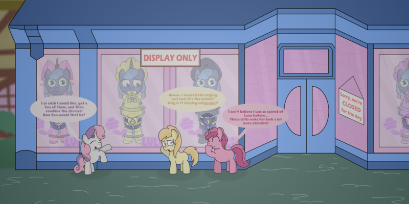 Size: 4000x2000 | Tagged: questionable, artist:snowflakepone, derpibooru import, noi, princess luna, ruby pinch, sweetie belle, alicorn, earth pony, pony, unicorn, fanfic:lulu dolls, g4, background pony, detailed background, diaper, diaper fetish, doll, dollie, dolly, fanfic art, female, fetish, filly, foal, giggling, happy, horn, humiliation, image, mare, nervous, png, sad, speech bubble, standing, store, text, toy, toy store, window