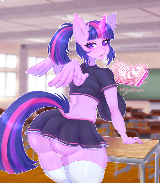 Size: 2700x3100 | Tagged: suggestive, artist:kitsuumi, artist:kittykitsuu, artist:xenchiiru, derpibooru import, twilight sparkle, twilight sparkle (alicorn), alicorn, anthro, g4, ass, bent over, big breasts, blushing, book, breasts, busty twilight sparkle, butt, clothes, desk, female, high res, huge breasts, image, levitation, looking at you, looking back, magic, midriff, miniskirt, open mouth, panties, png, ponytail, rear view, school uniform, schoolgirl, short shirt, skirt, socks, solo, solo female, spread wings, striped underwear, telekinesis, thigh highs, thighs, thong, thunder thighs, twibutt, underwear, uniform, upskirt, wings