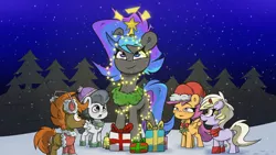 Size: 1920x1080 | Tagged: safe, artist:la hum, derpibooru import, button mash, dinky hooves, rumble, scootaloo, oc, oc:lovely tune, earth pony, pegasus, pony, unicorn, g4, being a christmas tree, blank flank, christmas, christmas lights, clothes, colt, foal, hat, height difference, heterochromia, holiday, horn, image, male, png, santa hat, size difference, snow, unicorn oc