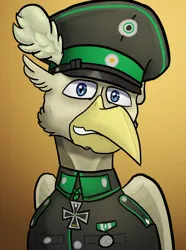 Size: 624x840 | Tagged: safe, artist:notoriousnostalgia, derpibooru import, oc, oc:august goldplume, unofficial characters only, gryphon, equestria at war mod, beak, blue eyes, bust, cap, clothes, digital art, folded wings, general, german, griffon oc, hat, image, iron cross, looking at camera, looking at you, male, medal, medals, military, military uniform, new characters for equestria at war, new characters for equestria at war mod, peaked cap, png, portrait, simple background, smiling, smiling at you, solo, uniform, wings