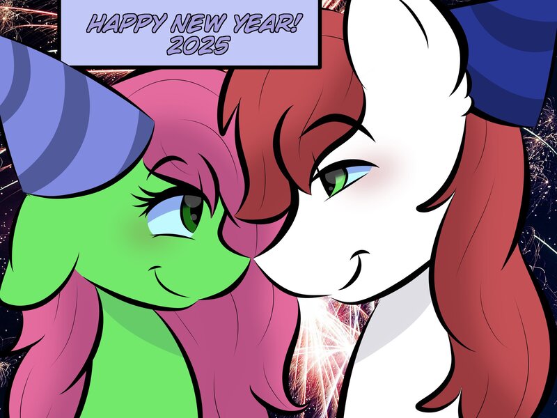 Size: 2048x1535 | Tagged: safe, artist:doodle-hooves, ponerpics import, oc, unofficial characters only, pony, female, image, jpeg, looking at each other, male, mare, new year, stallion