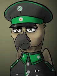 Size: 624x840 | Tagged: safe, artist:notoriousnostalgia, derpibooru import, oc, oc:fritz bronzetail, unofficial characters only, gryphon, equestria at war mod, beak, bust, cap, clothes, digital art, facial hair, folded wings, general, german, griffon oc, hat, image, male, military, military uniform, moustache, new characters for equestria at war, new characters for equestria at war mod, peaked cap, png, portrait, serious, serious face, simple background, solo, uniform, wings