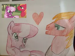 Size: 4096x3072 | Tagged: safe, artist:victoric1993, derpibooru import, big macintosh, cheerilee, earth pony, pony, g4, hearts and hooves day (episode), female, heart, image, jpeg, male, my little pony, scene interpretation, ship:cheerimac, shipping, smiling, straight, traditional art