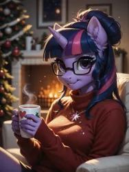 Size: 1320x1760 | Tagged: safe, ai content, machine learning generated, prompter:wolferin, twilight sparkle, anthro, unicorn, g4, christmas, christmas decoration, christmas sweater, christmas tree, clothes, cute, decoration, ear fluff, female, fireplace, glasses, heartwarming, holiday, horn, image, looking at you, png, smiling, smiling at you, sweater, tree, turtleneck, turtleneck sweater, twiabetes