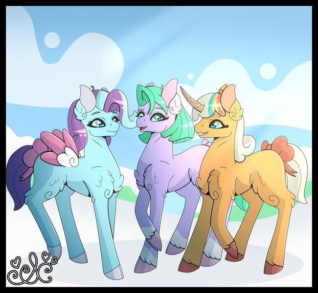 Size: 2130x1967 | Tagged: safe, artist:silents25875990, derpibooru import, earth pony, pegasus, pony, unicorn, g5, female, filly, foal, glory (g5), horn, image, jpeg, peach fizz, pippsqueak trio, seashell (g5), trio, trio female