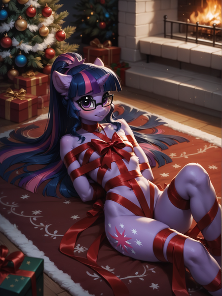 Size: 1320x1760 | Tagged: questionable, ai content, machine learning generated, prompter:wolferin, twilight sparkle, anthro, unicorn, g4, bell, bell collar, bow, carpet, christmas, christmas decoration, christmas sweater, christmas tree, clothes, collar, decoration, eyebrows visible through hair, female, fireplace, gift wrapped, holiday, horn, image, looking at you, nudity, partial nudity, png, present, ribbon bondage, shirt, shirt lift, solo, solo female, sweater, tree