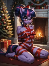 Size: 1320x1760 | Tagged: suggestive, ai content, machine learning generated, prompter:wolferin, twilight sparkle, anthro, plantigrade anthro, unicorn, g4, bell, bell collar, belly button, blushing, bow, christmas, christmas decoration, christmas sweater, christmas tree, clothes, collar, decoration, ear fluff, female, fireplace, gift wrapped, hair bow, holiday, horn, image, kneeling, looking at you, nudity, partial nudity, png, present, ribbon, ribbon bondage, shirt, shirt lift, smiling, sweater, tree