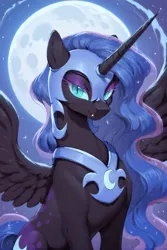 Size: 1200x1800 | Tagged: safe, ai content, machine learning generated, prompter:greesys, nightmare moon, alicorn, pony, g4, bust, female, image, looking at you, moon, png, portrait, solo, solo female, spread wings, wings